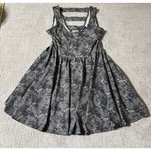 Hot Topic Mini Dress Women Sz SM Gray Floral Sleeveless Fit Flare Y2K Grunge Emo
